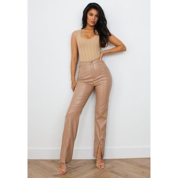 Missguided Pants - MISSGUIDED | Faux Leather Split Hem Trouser Pants Mocha Size 4